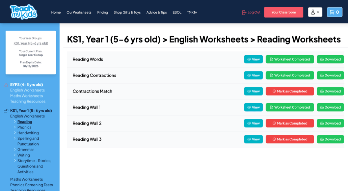 The Teach My Kids classroom, set to Year 1 reading, listing worksheets to view, mark as done and download.