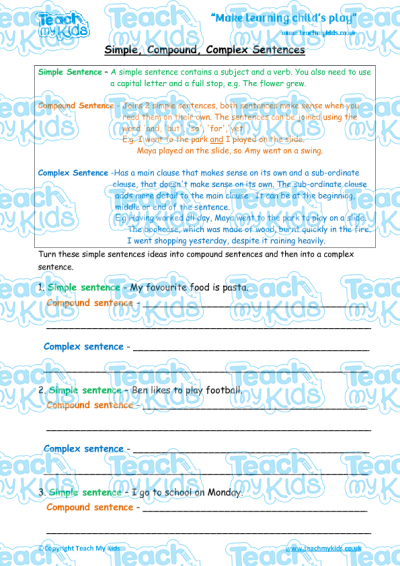 Preview of the Simple, Compound, Complex Sentences worksheet